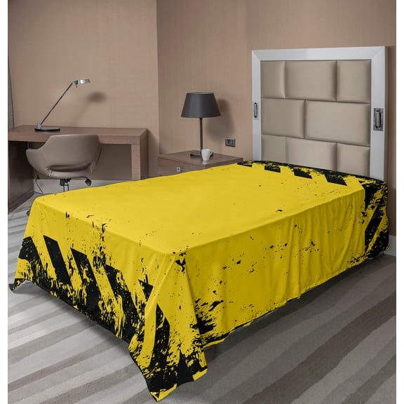 Ambesonne Vintage Yellow Flat Sheet, Hazard Caution, Twin Size, Yellow and Black