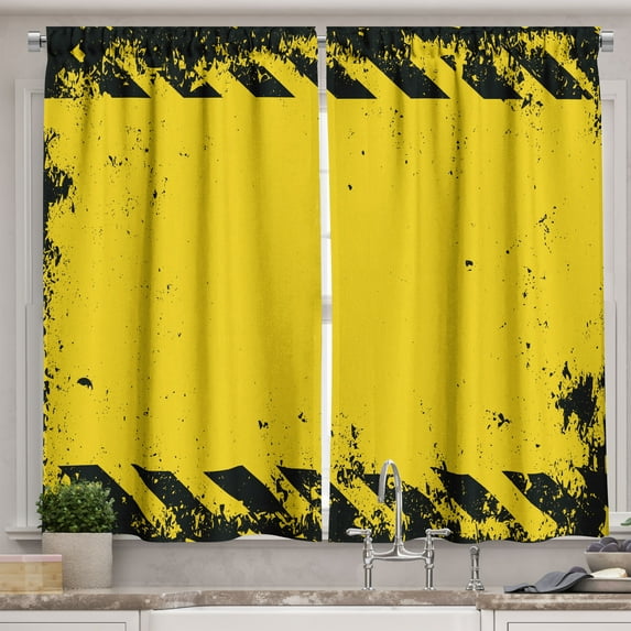 Ambesonne Vintage Yellow Kitchen Curtains, Hazard Caution, 55"x45", Yellow and Black