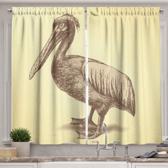 Ambesonne Vintage Yellow Kitchen Curtains, Sketchy Pelican, 55"x39", Pale Yellow and Brown