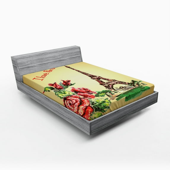 Ambesonne Vintage hjh Fitted Sheet, Eiffel French Bouque, Full Size, Orange Green Red