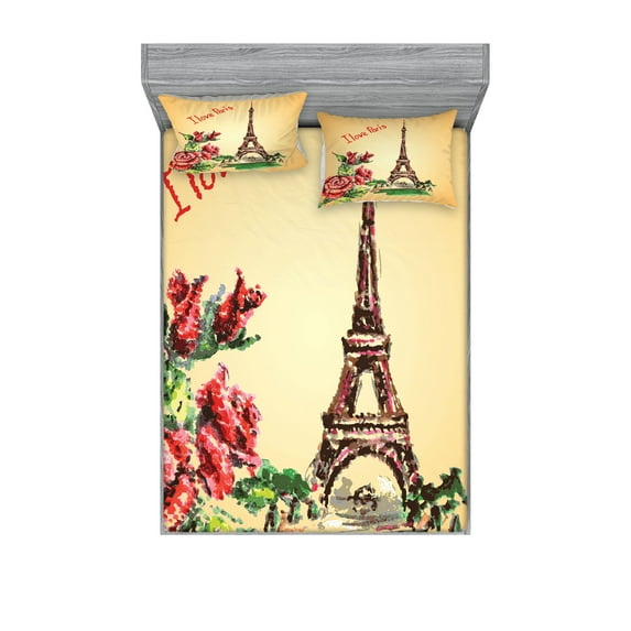 Ambesonne Vintage hjh Fitted Sheet & Pillow Sham Set, Eiffel French Bouque, Queen, Orange Green Red