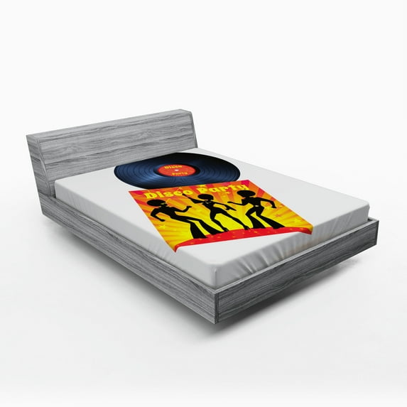 Ambesonne Vinyl Fitted Sheet, Record Cover Disco Party, Full Size, Orange Yellow White