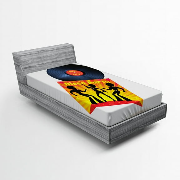 Ambesonne Vinyl Fitted Sheet, Record Cover Disco Party, Twin Size, Orange Yellow White