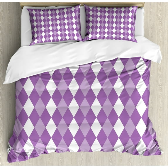 Ambesonne Violet Duvet Cover Sets, Purplish Rhombus Printing, 2-King, Purple Lavender and White