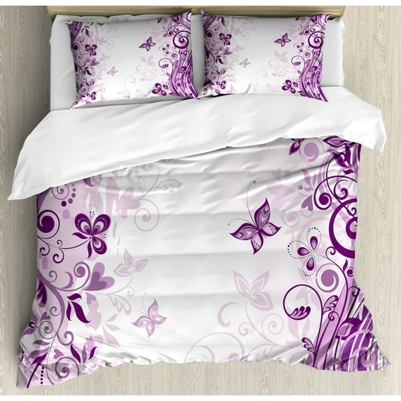 Ambesonne Violet Duvet Cover Sets, Swirling Flowers Wild, 2-King, Violet
