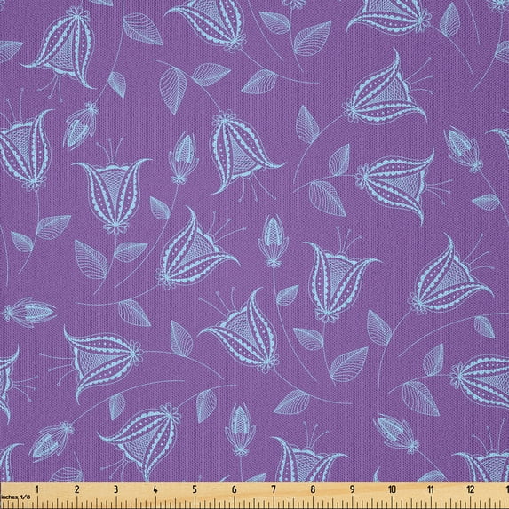 Ambesonne Violet Fabric by the Yard Microfiber, Tulip Like Abstract Flowers, 5 Yards, Pale Purple Pale Sky Blue