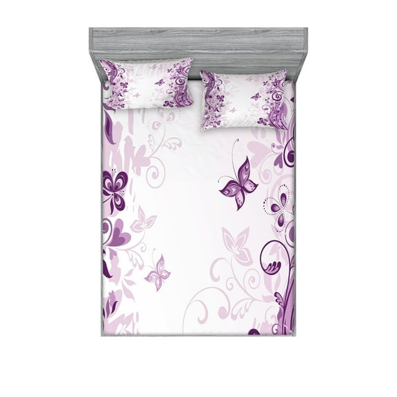 Ambesonne Violet Fitted Sheet & Pillow Sham Set, Swirling Flowers Wild, Full, Violet