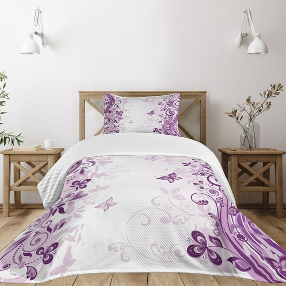 Ambesonne Violet Quilted Bedspread Set 2 Pcs, Swirling Flowers Wild, Twin Size, Violet