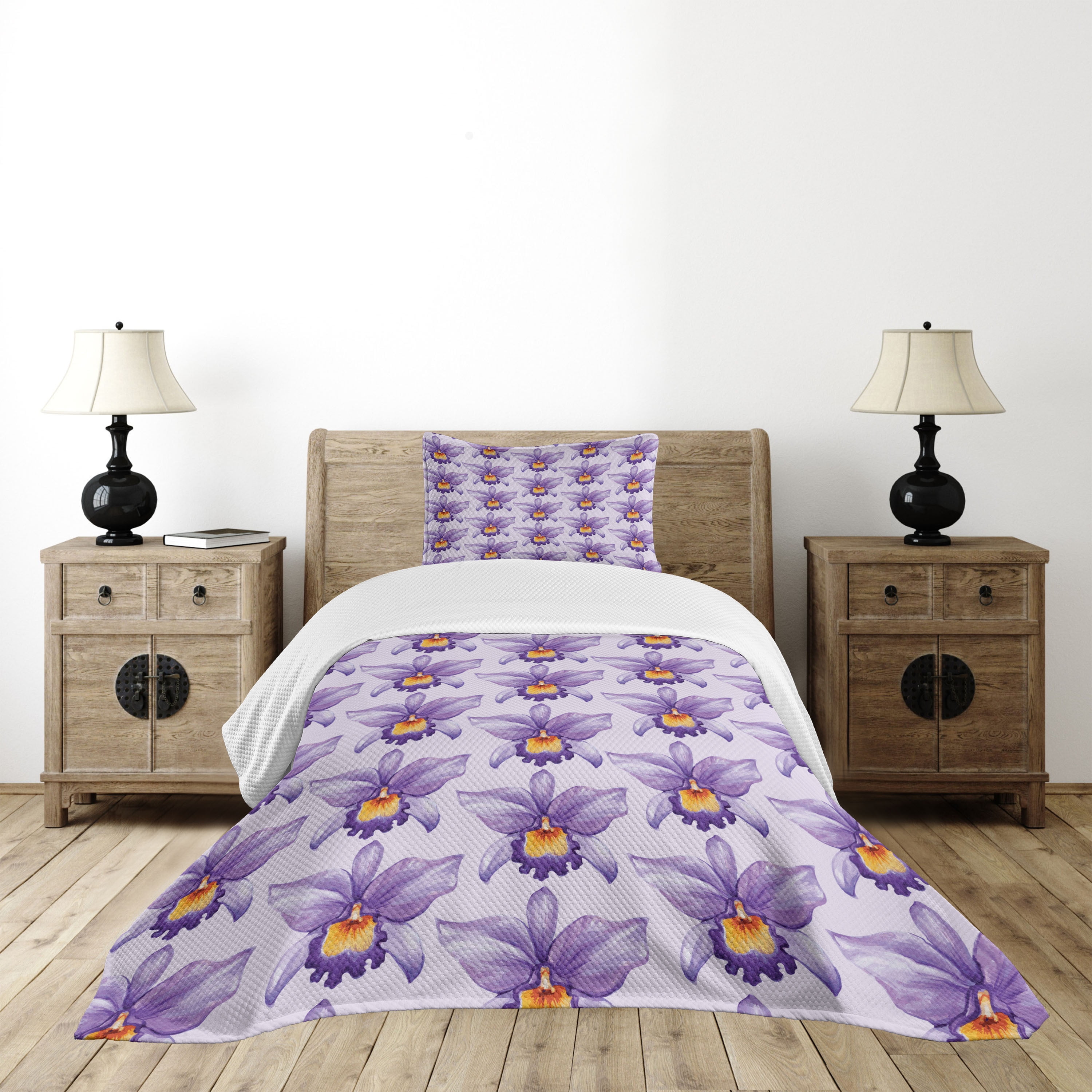 Twin Purple Quilted Bedspread Set with Orchid Flowers