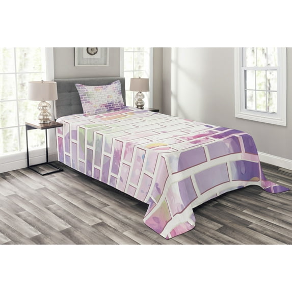 Ambesonne Violet Quilted Bedspread Set 2 Pcs, Vector Graffiti Brick, Twin Size, Violet and Lavender