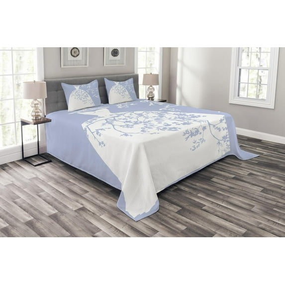 Ambesonne Violet Quilted Bedspread Set 3 Pcs, Floral Bride Dress, Queen Size, Violet Blue and White