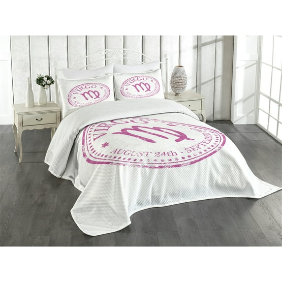 Ambesonne Virgo Quilted Bedspread Set 3 Pcs, Pink Colored Horoscope, Queen Size, Pink White