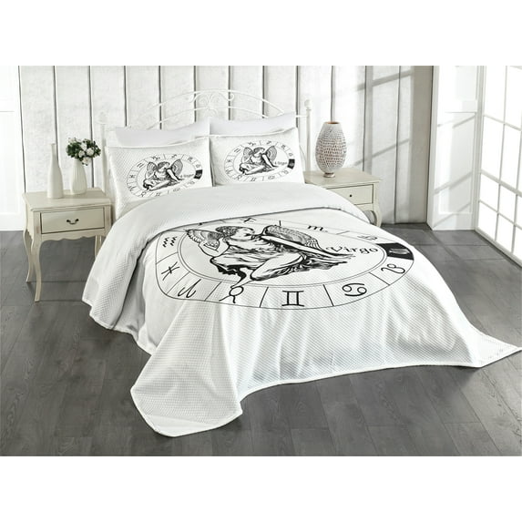 Ambesonne Virgo Quilted Bedspread Set 3 Pcs, Zodiac Horoscope Elements, Queen Size, Black White
