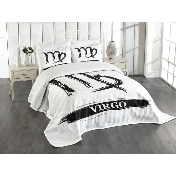 Ambesonne Virgo Quilted Bedspread Set 3 Pcs, Zodiac Virgo, King Size, Black White