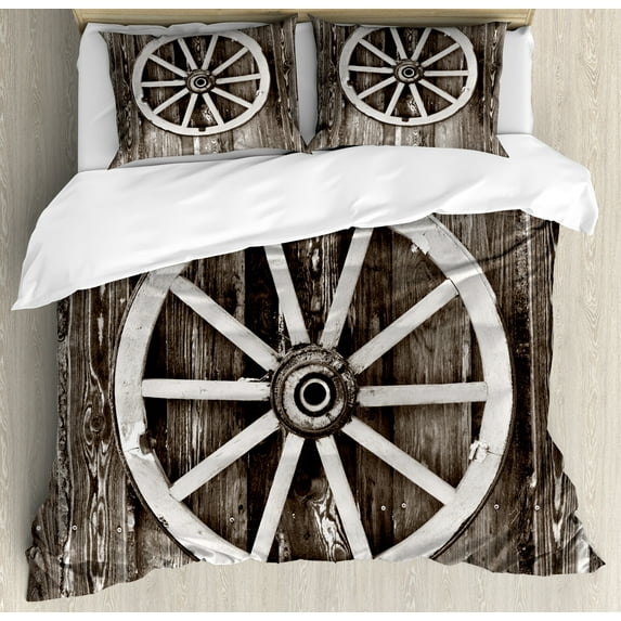 Ambesonne Wagon Wheel Duvet Cover Sets, Timber Wall, 2-Queen, Dark Brown and White