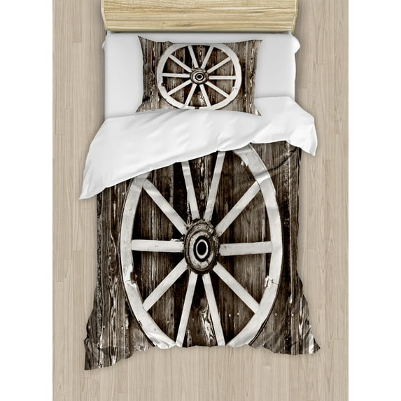 Ambesonne Wagon Wheel Duvet Cover Sets, Timber Wall, 2-Twin, Dark Brown and White