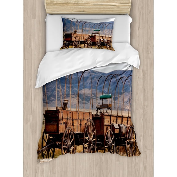 Ambesonne Wagon Wheel Duvet Cover Sets, Western Style, 2-Twin, Brown White