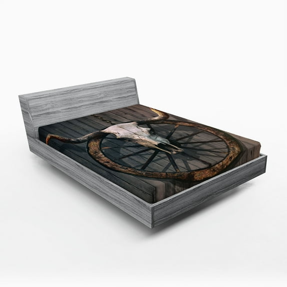 Ambesonne Wagon Wheel Fitted Sheet, Rustic Skulll, Full Size, White Black Brown