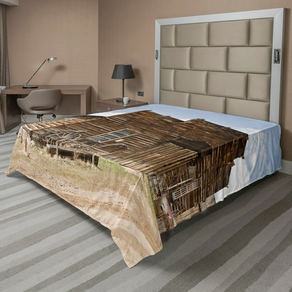 Ambesonne Wagon Wheel Flat Sheet, Ghost Town, California King, Sand Brown Pale Blue