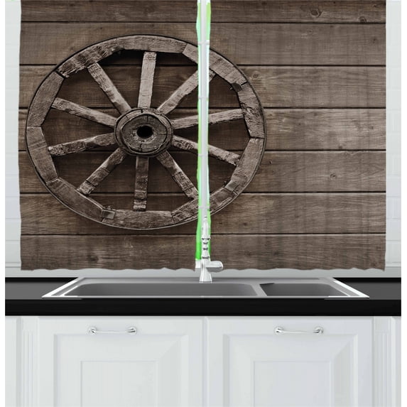 Ambesonne Wagon Wheel Kitchen Curtains, Old Carriage, 55"x39", Umber