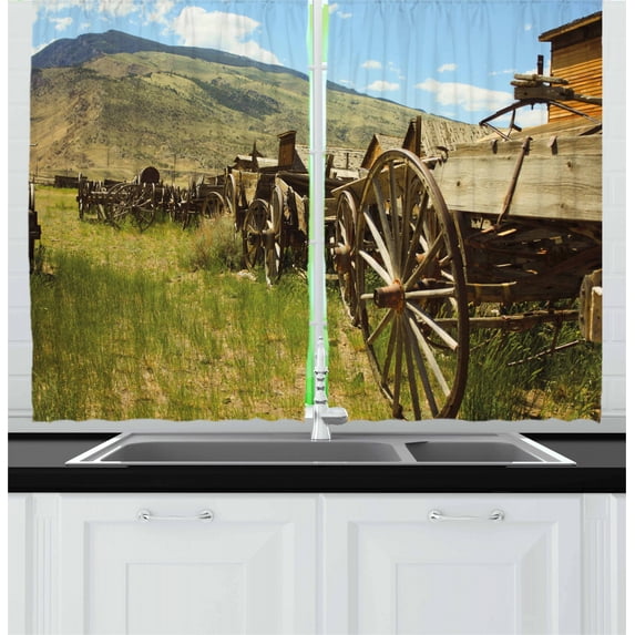 Ambesonne Wagon Wheel Kitchen Curtains, Old Carriages, 55"x39", Green Brown Pale Blue