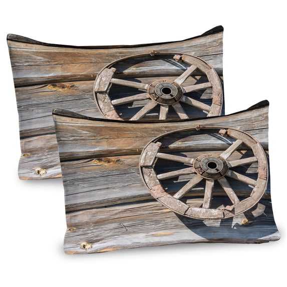 Ambesonne Wagon Wheel Pillow Sham 2 Pack, Log Wall Cart, 26"x20", Umber Beige