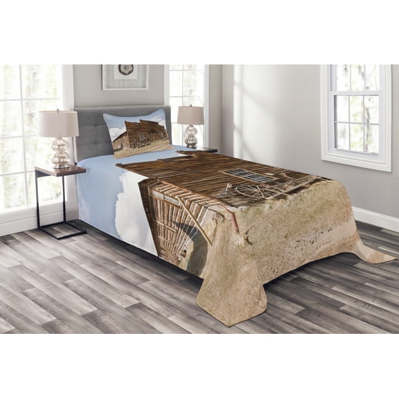 Ambesonne Wagon Wheel Quilted Bedspread Set 2 Pcs, Ghost Town, Twin Size, Sand Brown Pale Blue