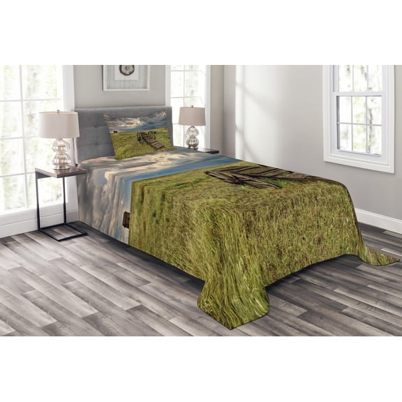 Ambesonne Wagon Wheel Quilted Bedspread Set 2 Pcs, Prairie Cart, Twin Size, Green Brown Grey
