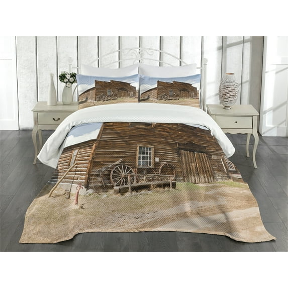 Ambesonne Wagon Wheel Quilted Bedspread Set 3 Pcs, Ghost Town, King Size, Sand Brown Pale Blue