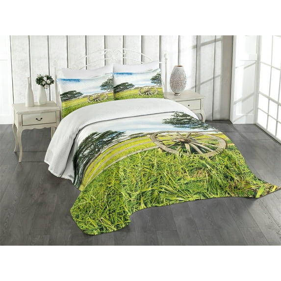 Ambesonne Wagon Wheel Quilted Bedspread Set 3 Pcs, Green Meadow, King Size, Multicolor