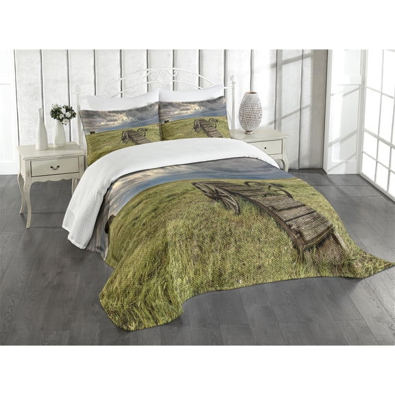 Ambesonne Wagon Wheel Quilted Bedspread Set 3 Pcs, Prairie Cart, King Size, Green Brown Grey