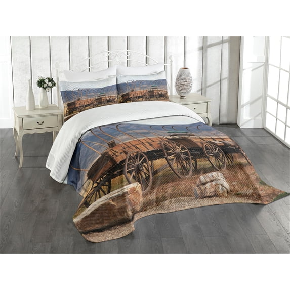 Ambesonne Wagon Wheel Quilted Bedspread Set 3 Pcs, Western Style, Queen Size, Brown White