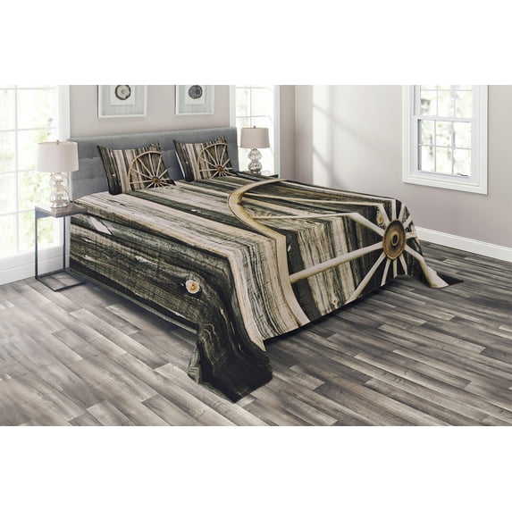 Ambesonne Wagon Wheel Quilted Coverlet 3 Pcs, Rusty Door, Queen Size, Black Pale Brown
