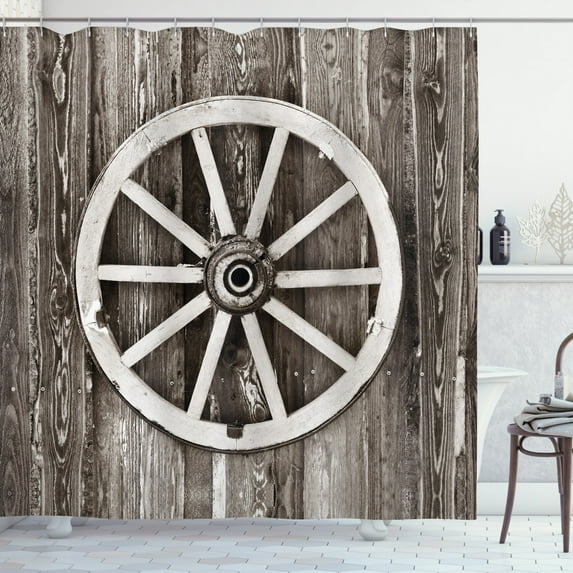 Ambesonne Wagon Wheel Shower Curtain, Timber Wall, 69"Wx70"L, Dark Brown and White
