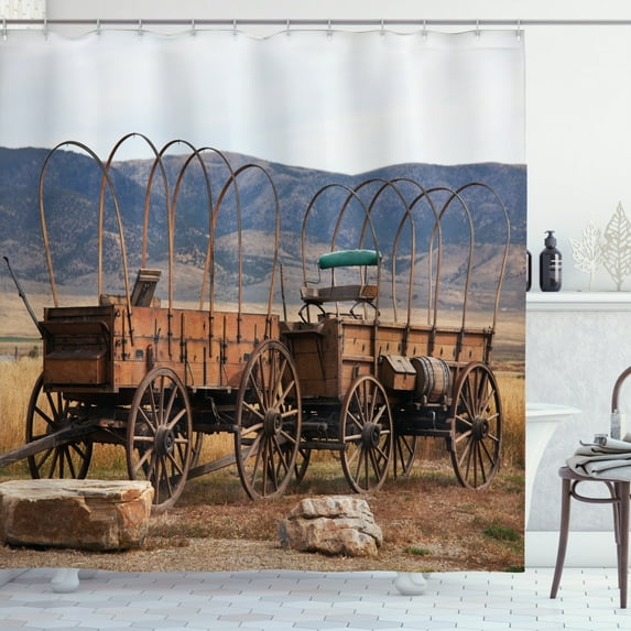 Ambesonne Wagon Wheel Shower Curtain, Western Style, 69"Wx75"L, Brown White