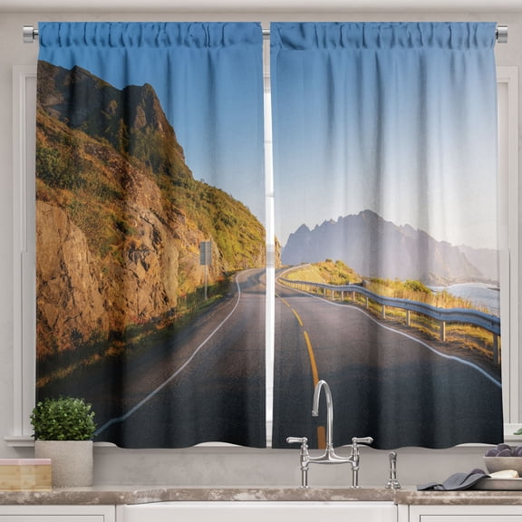 Ambesonne Wanderlust Kitchen Curtains, Road by the Sea Scenery, 55"x30", Blue Dimgray and Pale Caramel