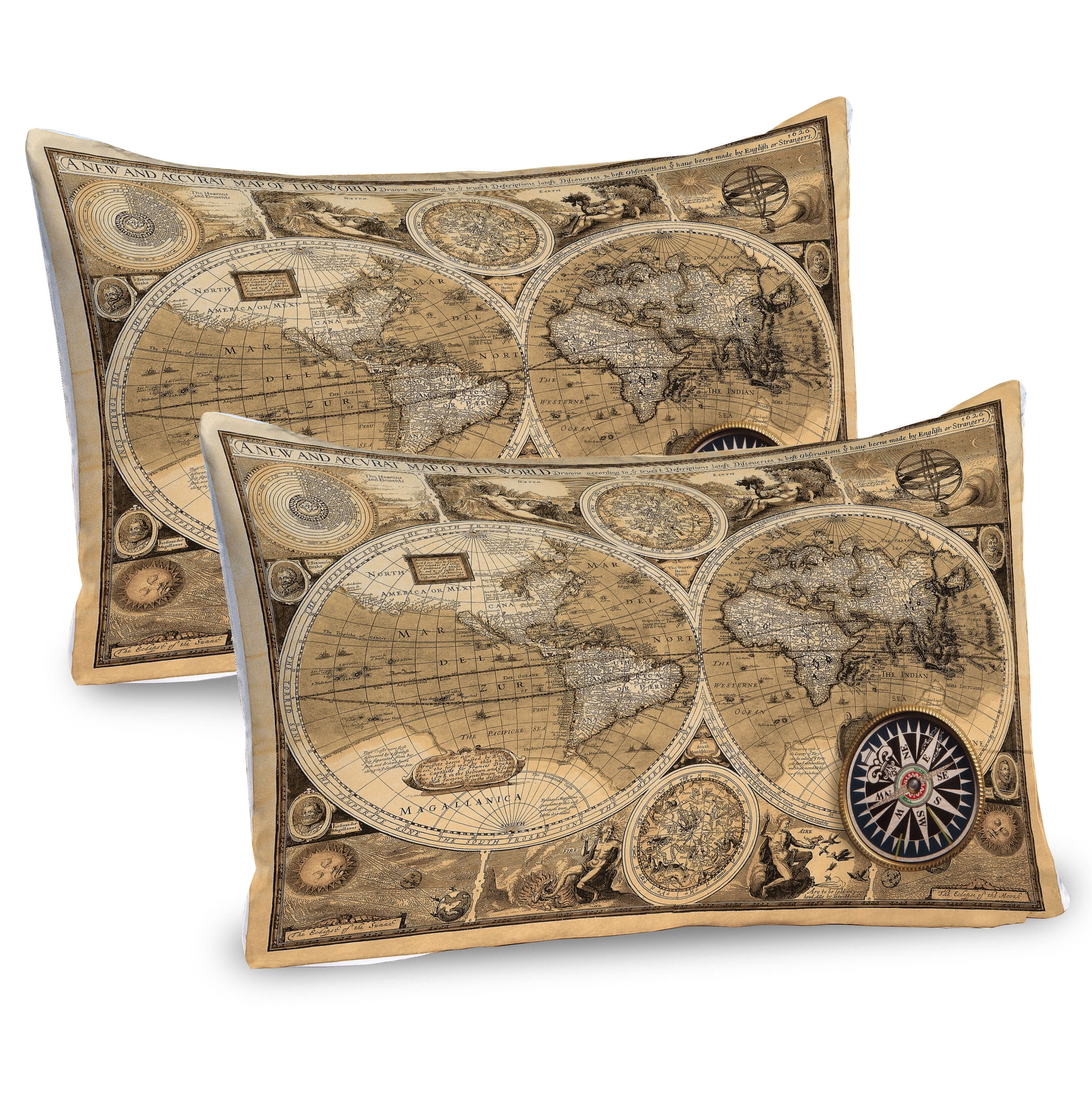 Pale Brown and Black World Map Microfiber Pillow Shams, 2 Pack