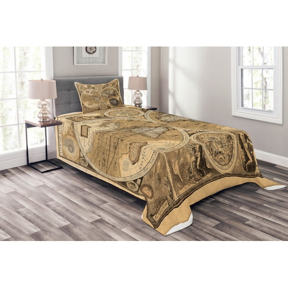 Ambesonne Wanderlust Quilted Bedspread Set 2 Pcs, Accurate Map of World, Twin Size, Pale Brown Black Brown
