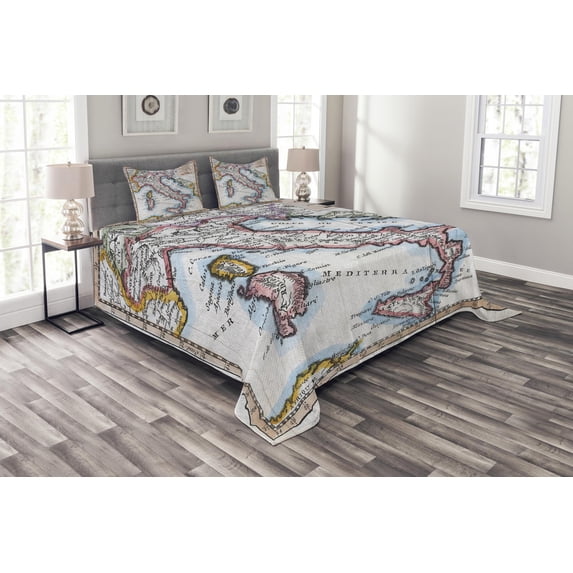 Ambesonne Wanderlust Quilted Bedspread Set 3 Pcs, Vintage Italy Map Art, Queen Size, Multicolor