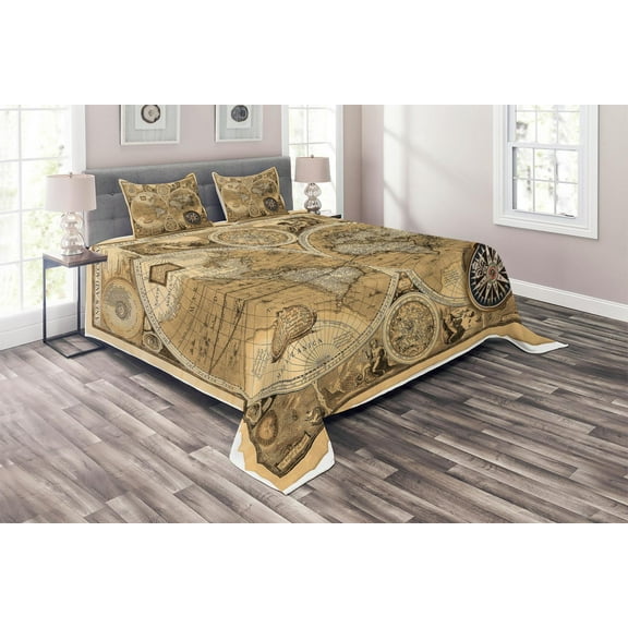 Ambesonne Wanderlust Quilted Coverlet 3 Pcs, Accurate Map of World, King Size, Pale Brown Black Brown