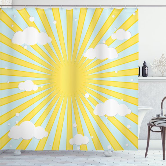 Ambesonne Warm Colors Shower Curtain, Sun Rays and Clouds, 69"Wx84"L, Mustard and Soft Blue