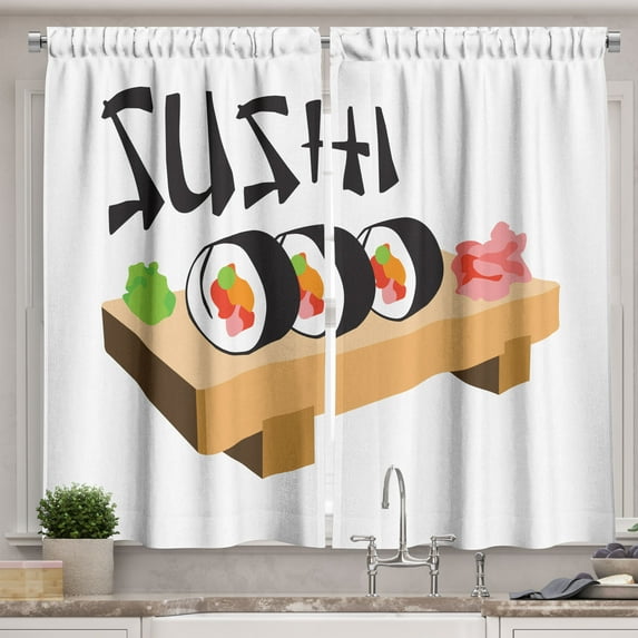 Ambesonne Wasabi Kitchen Curtains, Sushi Wooden Folk Food Plate, 55"x39", Multicolor