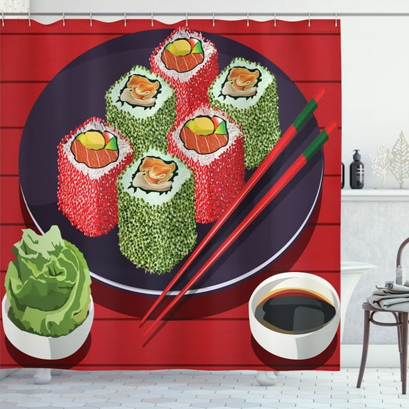 Ambesonne Wasabi Shower Curtain, Delicious Sushi Cartoon Art, 69"Wx84"L, Vermilion Multicolor