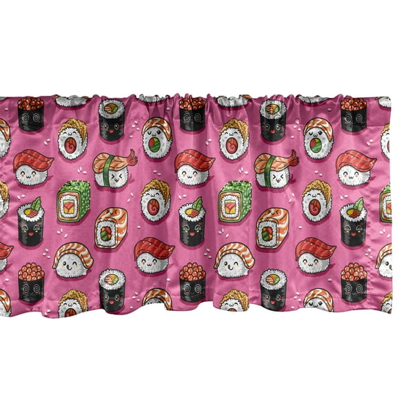 Ambesonne Wasabi Window Valance, Kawaii Style Sushi, 54" X 12", Pink and Multicolor