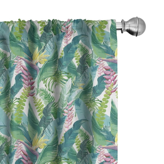 Ambesonne Watercolor 4-Panel Curtains, Exotic Jungle Hawaii, 56"x95", Green Pink White