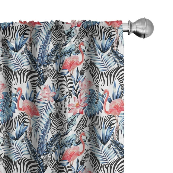 Ambesonne Watercolor Window Curtains, Flamingo with Zebra, Each 28" W x 63" L, Blue Black Coral