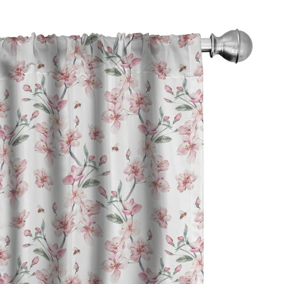 Ambesonne Watercolor Window Curtains, Sakura Cherry Garden, Each 28" W x 95" L, Reseda Green Pale Pink