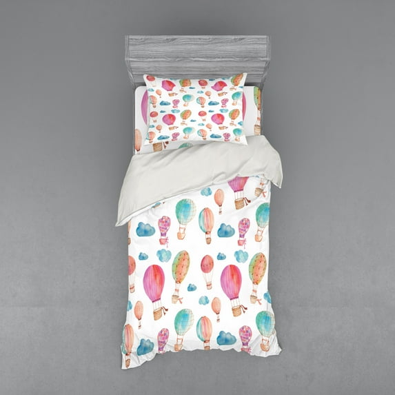 Ambesonne Watercolor Bedding Set 3 Pcs, Air Balloons Clouds, Twin, Blue Pink Coral
