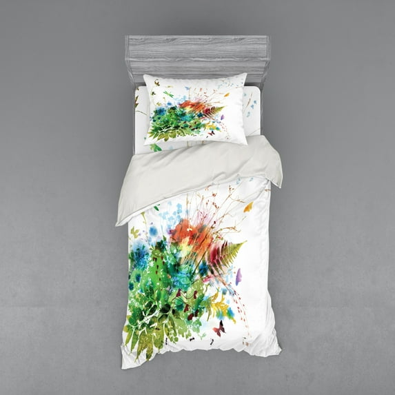 Ambesonne Watercolor Bedding Set 3 Pcs, Floral Jungle Summer, Twin XL, Multicolor