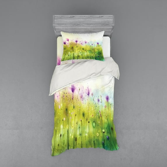 Ambesonne Watercolor Bedding Set 3 Pcs, Purple Cosmos Flora, Twin, Purple Apple Green White